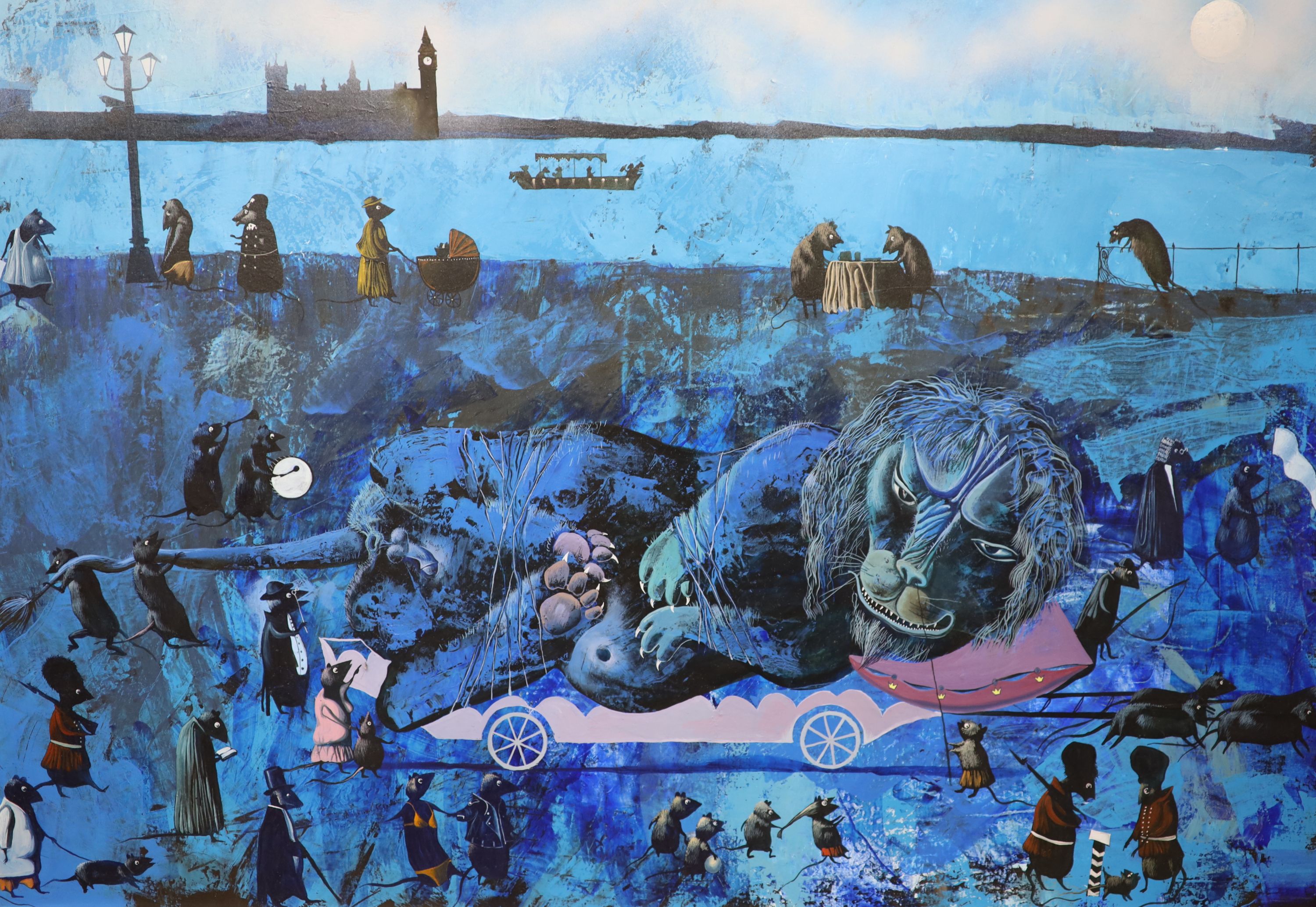 M.D. 2001, acrylic on canvas, Symbolist scene with bound lion surrounded by rats, the Houses of Parliament beyond, signed and dated, 68